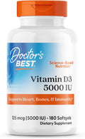 Buy now Doctor's Best Vitamin D3 5000IU, Non-GMO, Gluten & Soy Free, Regulates Immune Function, Supports Healthy Bones, White, No Flavour, 180 Count Unflavored 180 Count (Pack of 1) at indiglob india