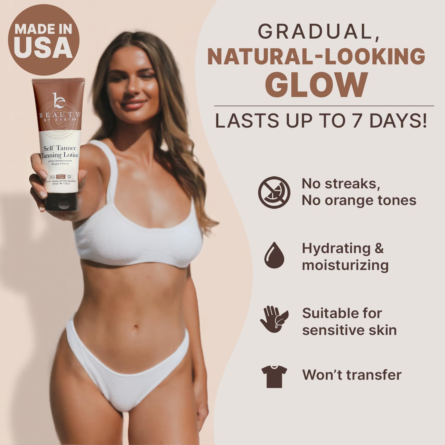Beauty by Earth Self Tanner - USA Made with Natural & Organic Ingredients | Moisturizing Self Tanning Lotion with Aloe Vera & Coconut for a Natural Glow, Streak-Free Fake Tan (Medium)