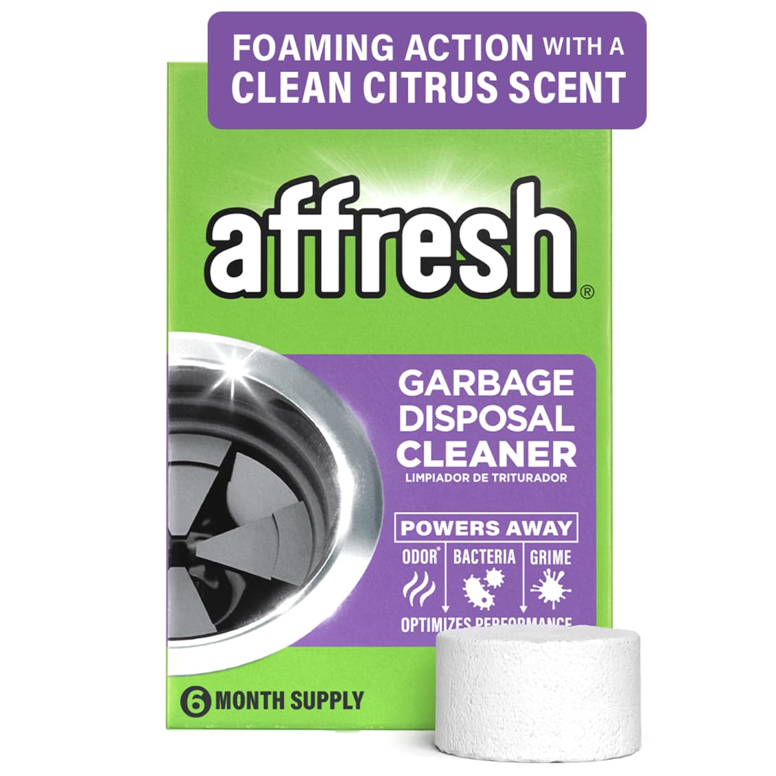 Affresh Garbage Disposal Cleaner, Helps Power Away Odor Causing Bacteria, Debris & Grime in Grind Chamber, Impeller & Drain Pipe, 6 Tablets, 6 Month Supply