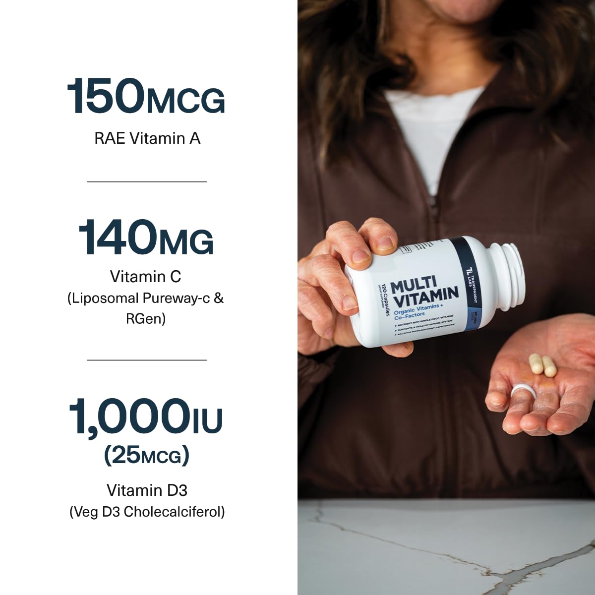 Transparent Labs Daily Multivitamin for Women - Whole-Food-Based Multivitamin for Men, Vegan, Clean, Organic Vitamin Supplement w Vitamins, Lutein, Biotin, Folate & Magnesium - 120 Capsules