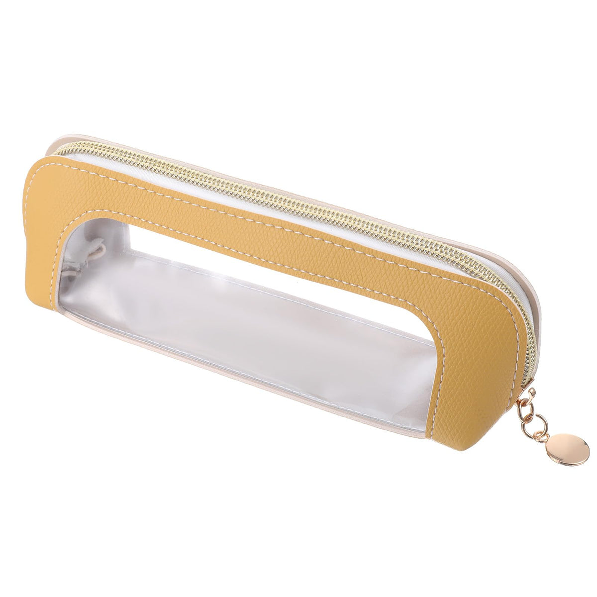 Stylish small clear makeup bag in yellow PU leather. Perfect for organizing cosmetics. Order online, available now!