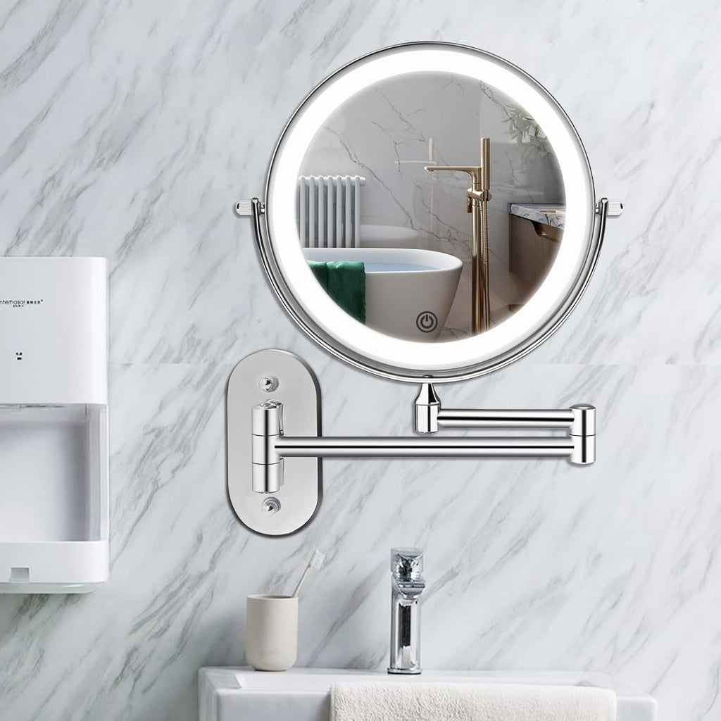 Buy now Rechargeable Wall Mounted Lighted Makeup Vanity Mirror 8 inch 1X/10X Magnifying Bathroom Mirror with 3 Color Lights, Double Sided with Dimmable LED Lights, Extended Arm 360Â° Swivel Extension Mirror at indiglob india