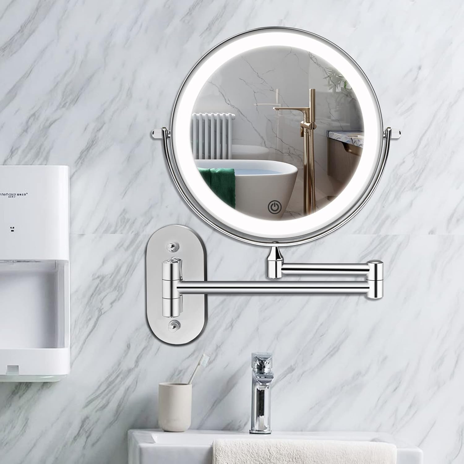 Buy now Rechargeable Wall Mounted Lighted Makeup Vanity Mirror 8 inch 1X/10X Magnifying Bathroom Mirror with 3 Color Lights, Double Sided with Dimmable LED Lights, Extended Arm 360Â° Swivel Extension Mirror at indiglob india