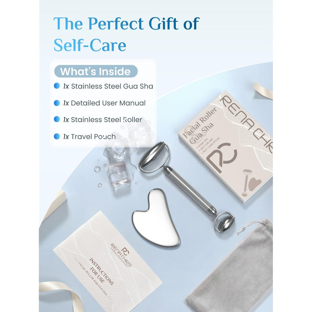 Rena Chris Gua Sha and Face Roller Set: Anti-Breakage Stainless Steel Roller for Long-Lasting Use, Jawline Sculpting and Puffiness Reducing, Gua Sha Facial Tools for Self Care Gift (Silver)