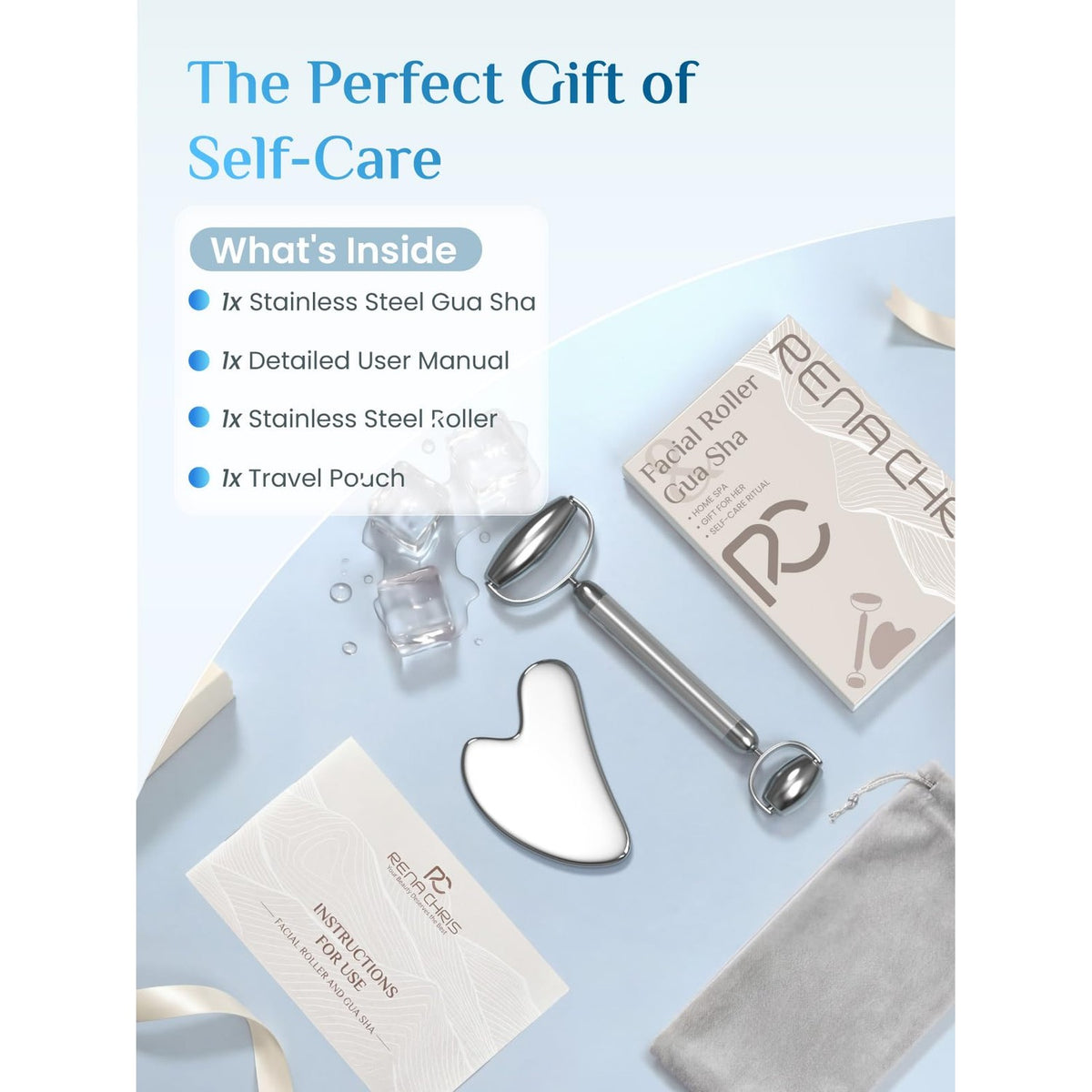Rena Chris Gua Sha and Face Roller Set: Anti-Breakage Stainless Steel Roller for Long-Lasting Use, Jawline Sculpting and Puffiness Reducing, Gua Sha Facial Tools for Self Care Gift (Silver)