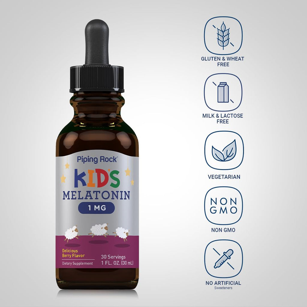 Piping Rock Kids Melatonin Liquid 1 fl oz | 1mg | Pack of 3 Bottles