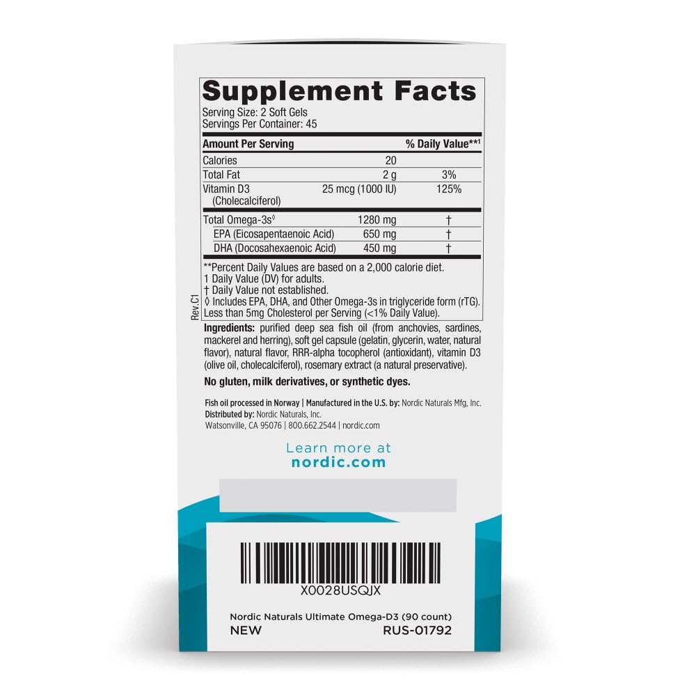 Nordic Naturals Ultimate Omega-D3,1280mg + 1000IU D3, Lemon - 45 Count | Omega-3 Fish Oil with EPA & DHA + Vitamin D3. Supports brain, heart & immune health. Lemon flavor. 45 servings. 2 per day.