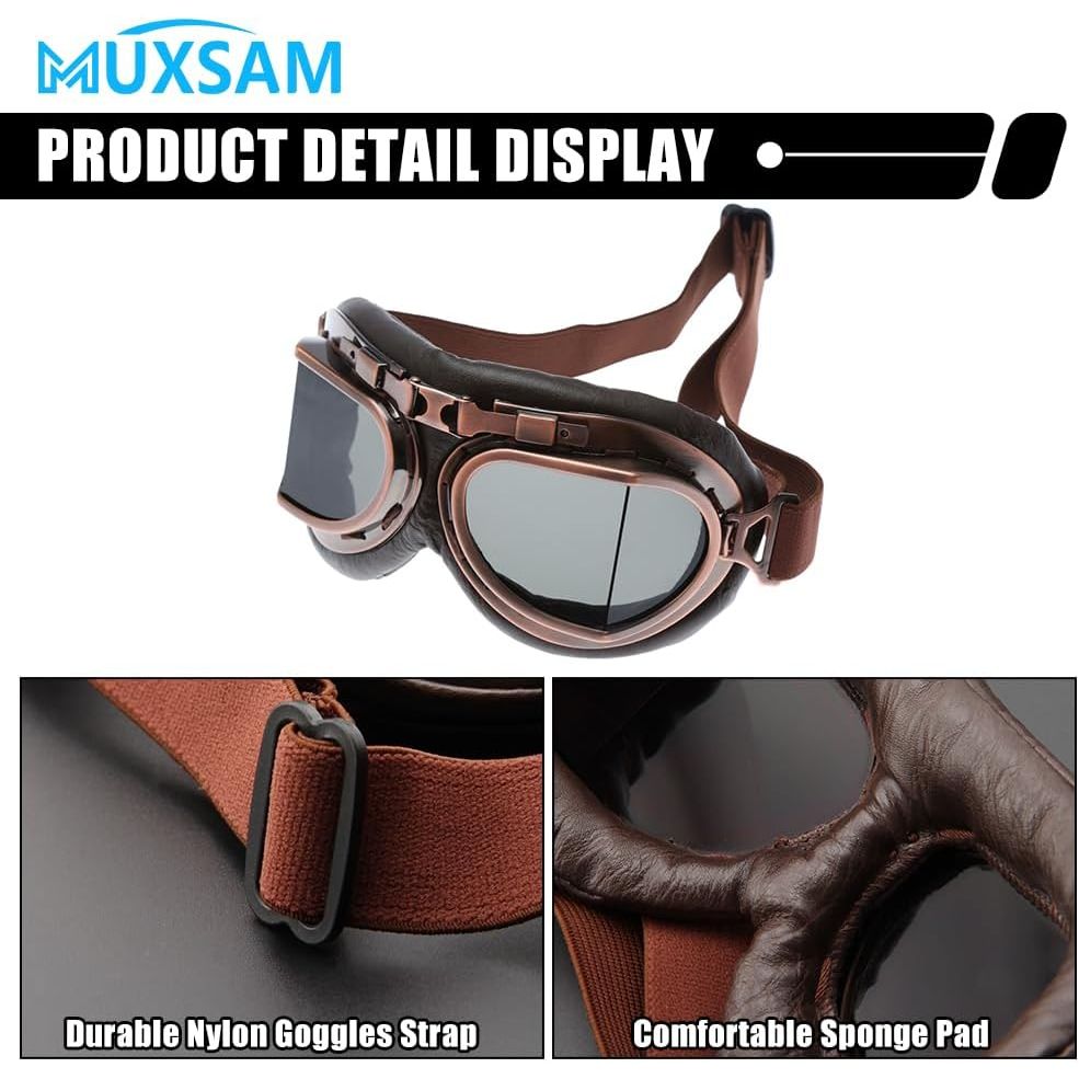Buy now MUXSAM Vintage Motorcycle Goggles, ATV Motocross Goggles, Dirt Bike Racing Riding Off Road Scooter Glasses, Windproof Dustproof Eyewear for Adults Men Women, Copper Frame Smoke Lens at indiglob india