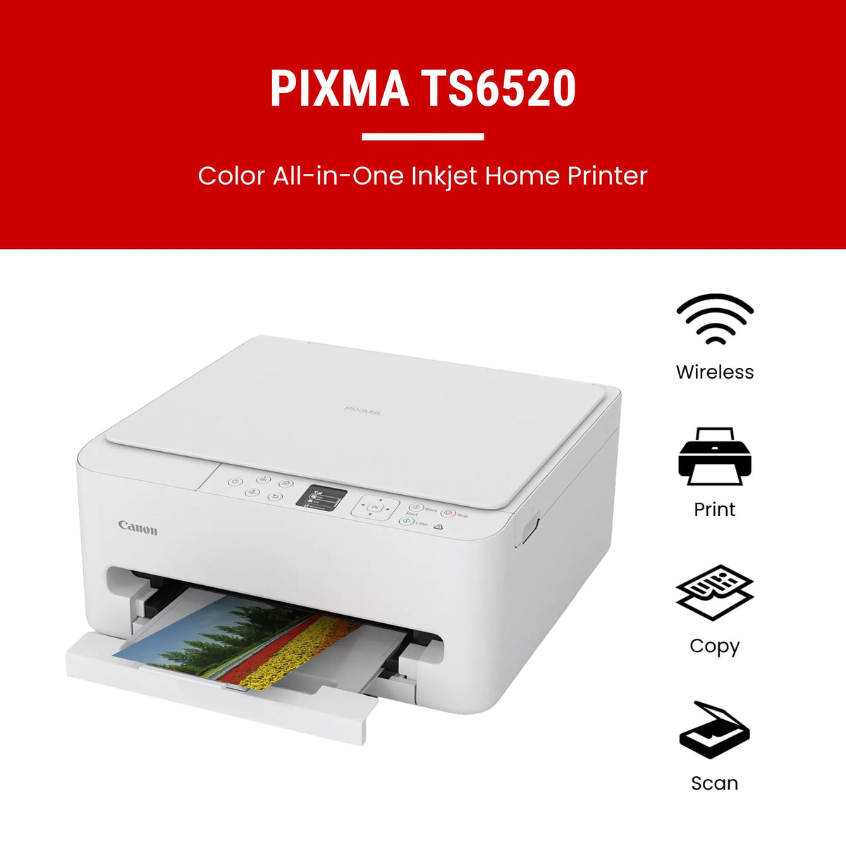 Canon PIXMA TS6520 Wireless Color Inkjet Printer, Duplex Printing, Copier/Scanner, 1.42" OLED Display, Compact, White