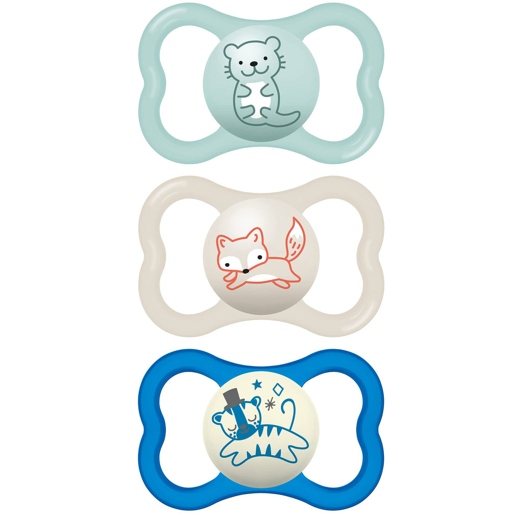 Buy now MAM Air Pacifier for Babies 6-16 Months, Extra Air Flow for Sensitive Skin, Glows in The Dark, Developed with Medical Experts, BPA-Free Skin Soft Silicone, 2 Count, with Sterilizer Case at indiglob india