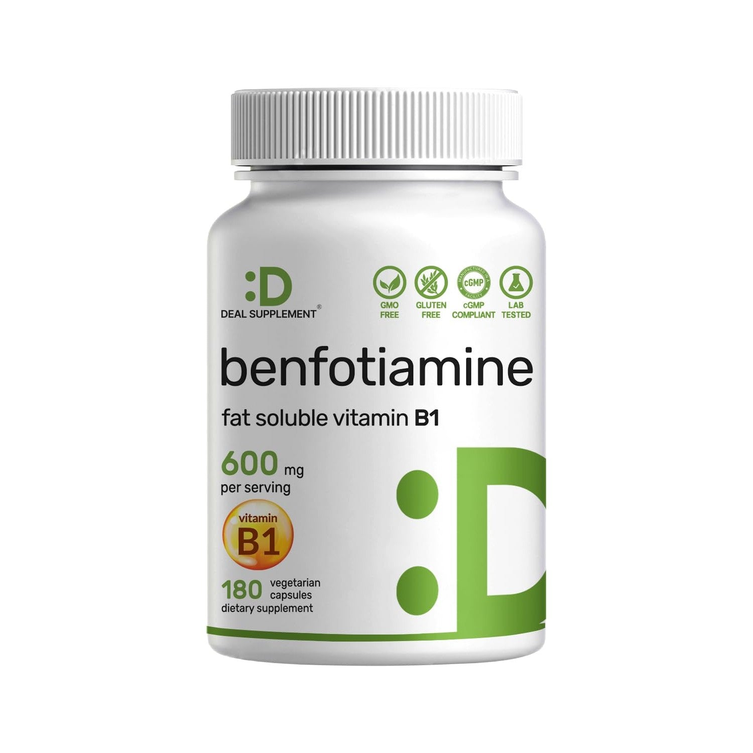 Benfotiamine 600mg Per Serving, 180 Veggie Capsules (300mg Per Cap) – Fat Soluble Vitamin B1 Thiamine Supplement – 3rd Party Tested, Vegan, Non-GMO, Gluten Free