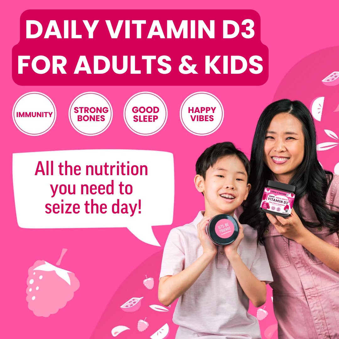 Llama Naturals Vitamin D3 K2 Gummies for Adults and Kids, Vegan, Organic, Vitamin D Gummies, Real Fruit Gummy Vitamins, No Added Sugar Cane, Raspberry, 120 Ct