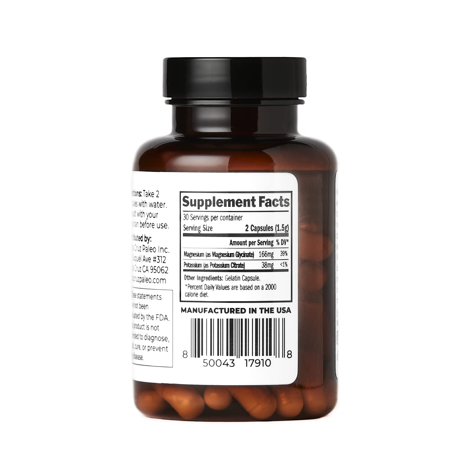 Santa Cruz Paleo Magnesium + Potassium Caps, Supplement for Men and Women, Paleo, Keto, Sugar & Gluten Free, Magnesium Glycinate 166mg and Potassium Citrate 38mg per Serving, American Made, 60 Caps