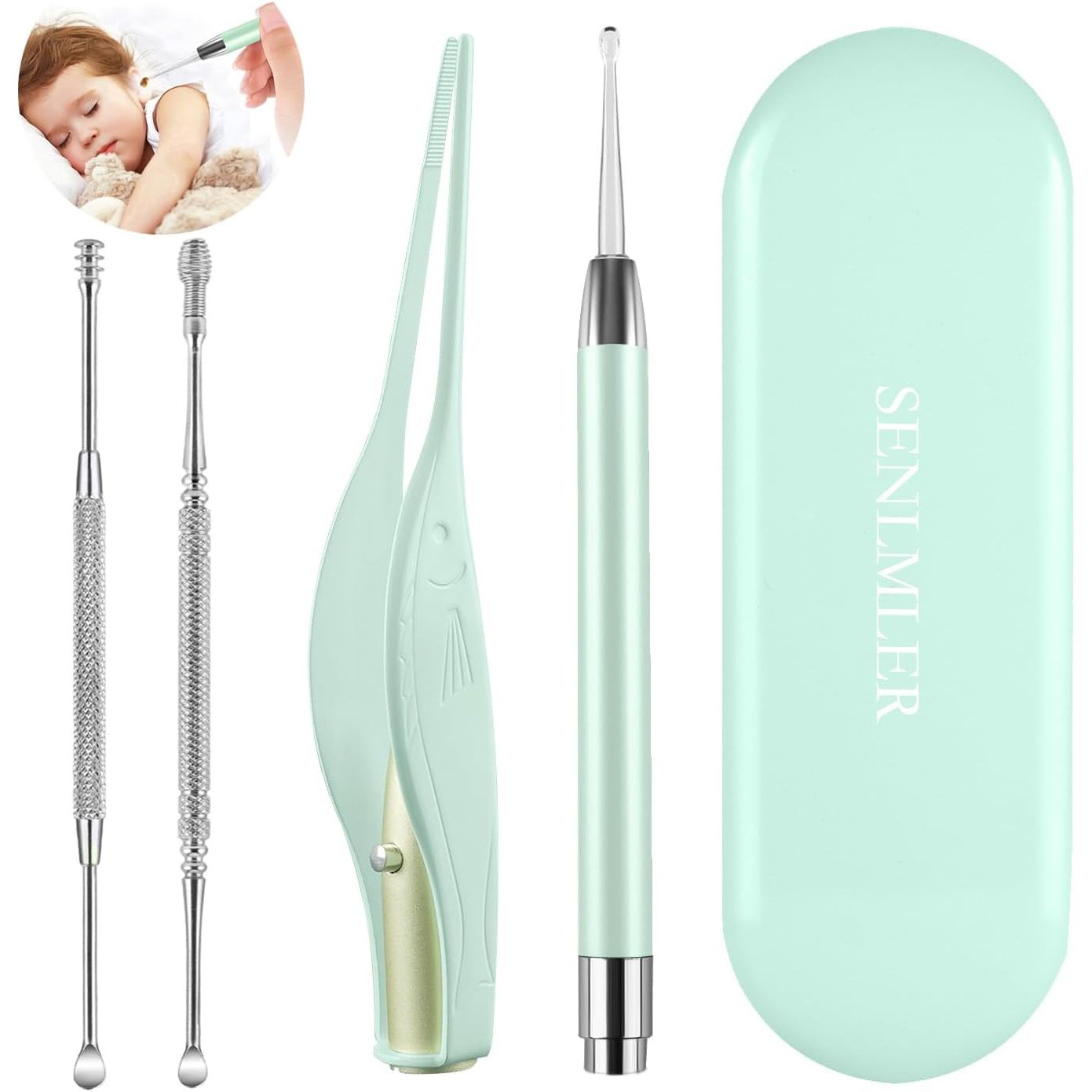 Buy now 4 Pack Ear Pick with Light, Ear Cleaner Ear Wax Removal Tool Kit for Kids and Adults, Ear Picks Digger & Tweezers & Spiral Spring Ear Spoon Set with Storage Box (Rose Gold) Green at indiglob india