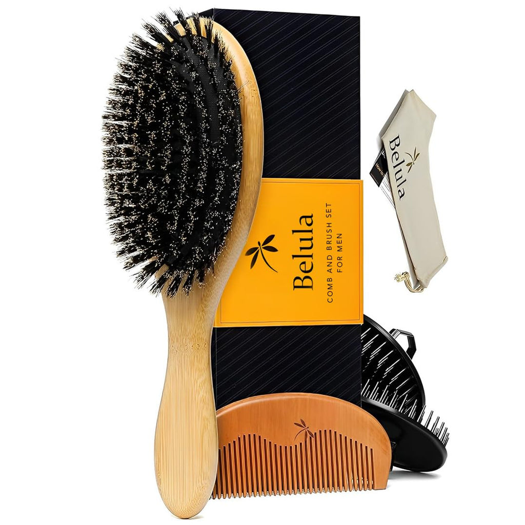 Buy now Belula Boar Bristle Hair Brush Set for Men - Soft Mens Hair Brush for Thin, Normal & Short Hair - Includes Wooden Comb, 2 Palm Brushes & Travel Bag - Best Hair Brushes for Men! Default at indiglob india