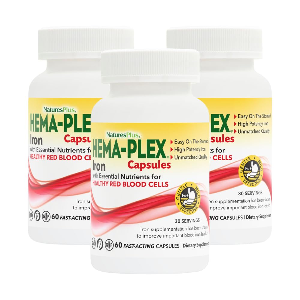 NaturesPlus Hema-Plex Iron - 60 Fast-Acting Capsules - 85 mg Chelated Iron + Vitamin C & Bioflavonoids for Healthy Red Blood Cells - Vegan, Gluten Free - 30 Servings