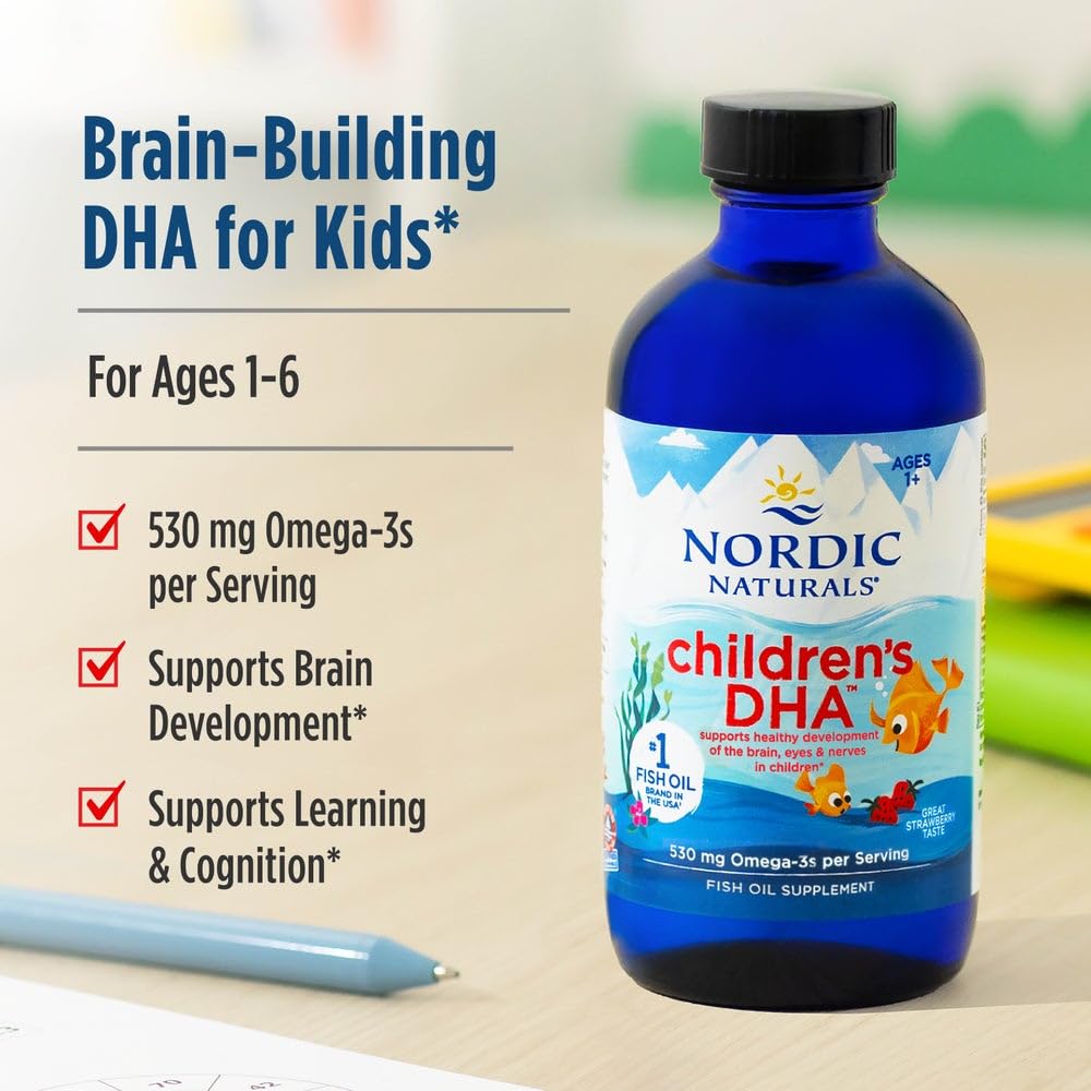Buy now Nordic Naturals Childrenâ€™s DHA, Strawberry - 4 oz for Kids- 530 mg Omega-3 with EPA & DHA - Brain Development & Function - Non-GMO - 48 Servings at indiglob india