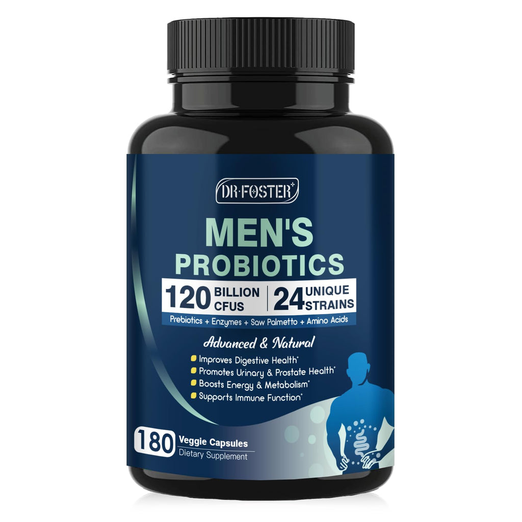 DRFOSTER Probiotics for Men Digestive Health, 120 Billion CFU, 90 Capsules | with Digestive Enzymes & Prebiotics & Saw Palmetto & Cranberry for Gut, Prostate & Urinary Tract Health, Shelf Stable