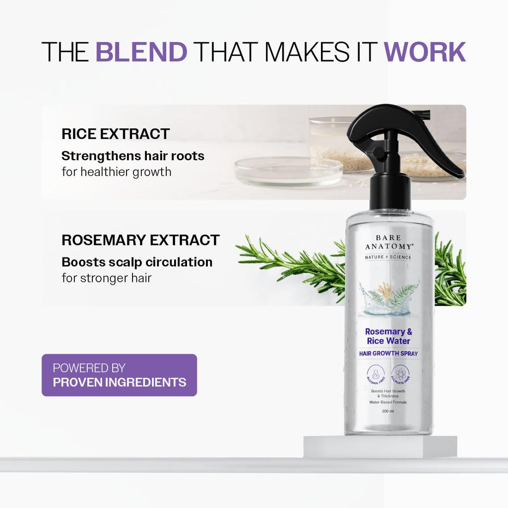 Bare Anatomy Nature x Science Rosemary Water Spray for Hair Growth & Hair Thickness with Rice Water |100% Natural Extract | Soft & Smooth Hair| Controls Hairfall| Non-Greasy & Fast Absorbing | 200ml