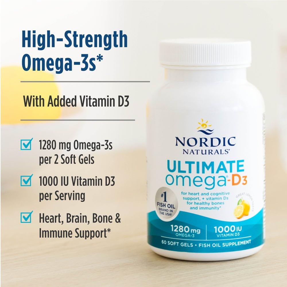 Nordic Naturals Ultimate Omega-D3,1280mg + 1000IU D3, Lemon - 45 Count | Omega-3 Fish Oil with EPA & DHA + Vitamin D3. Supports brain, heart & immune health. Lemon flavor. 45 servings. 2 per day.