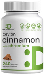 Ceylon Cinnamon with Chromium 1000mcg, 240 Capsules | Active Inner Bark Extract, True Sri Lanka Source | Natural Cinnamon Supplements