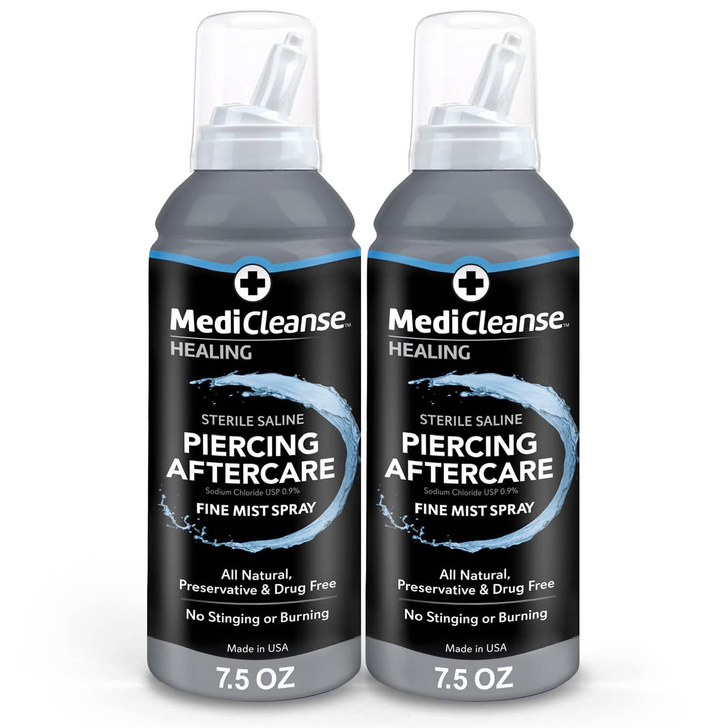 MediCleanse Sterile Saline Piercing Aftercare Fine Mist Spray 7.5 Oz 2 Pack | Promotes Healing For All Body Piercings & Tattoos, All Natural, Preservative Free, No Alcohol, Vegan Friendly, Made in USA