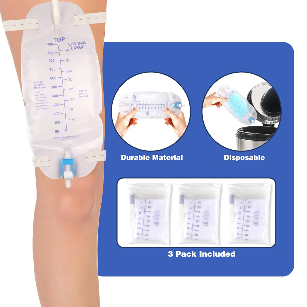 3 Pack Catheter Bags, Premium Easy-Tap Leg Bag Urinary Drainage Bag, 32 Oz with 3 18” Tubing, Anti-Reflux Valve, with Cloth Straps to Attach to Your Foot, Advanced Flip Drain for EZ Disposal