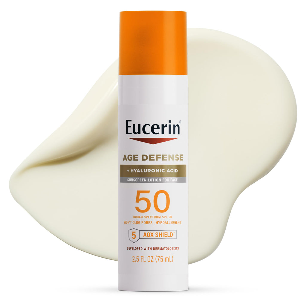 Eucerin Sun Age Defense Face Sunscreen Lotion SPF 50, 2.5 FL OZ | Face Sunscreen SPF 50 with Hyaluronic Acid for Age Defense, Invisible Finish, Hypoallergenic, Non-Comedogenic, Fragrance Free