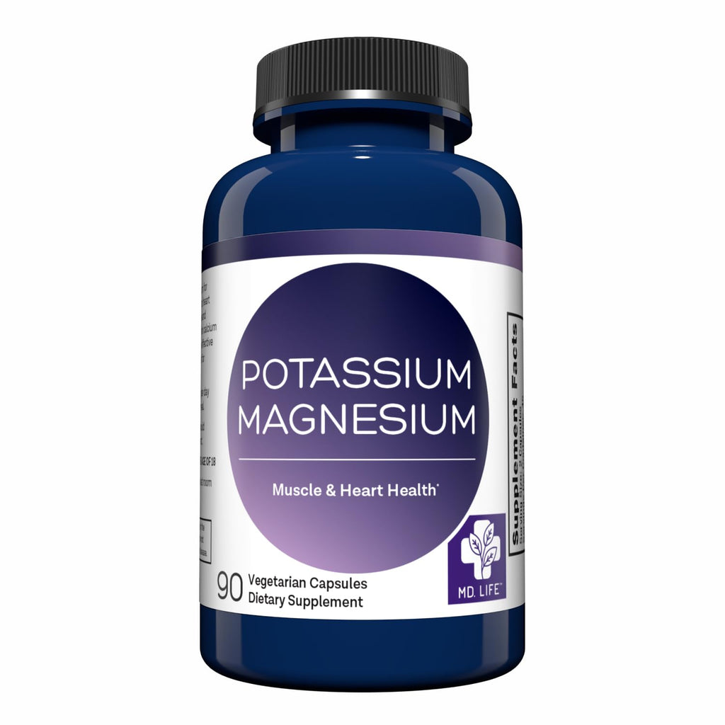 MD. Life Potassium Magnesium Supplement, High Absorption, 30 Capsules | Chelated Mineral Blend for Vascular Health, Muscle Function and Leg Cramp - Doctor Designed - Non-GMO, Vegetarian