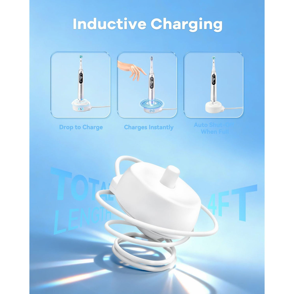 Superer Replacement Charger for Braun Oral-B Electric Toothbrush, iO Series 2/3/4/5/6, Pro 1000/3000/5000, Vitality, Smart, Genius, Model 3757, IP67 Waterproof Charging Base with 4 ft Power Cord