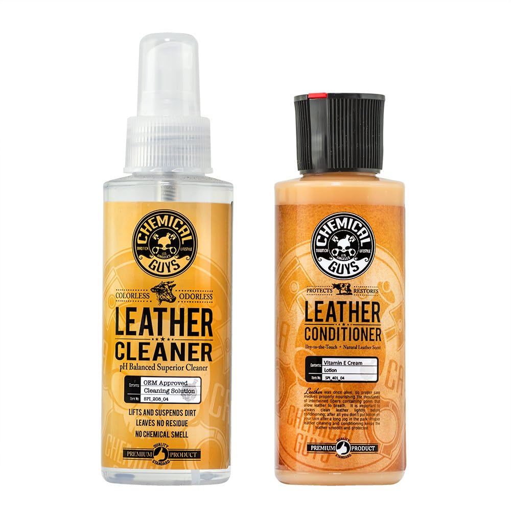 Buy now Chemical Guys Leather Cleaner and Conditioner Kit - 2 Bottles (4 oz Each), Car Cleaner and Conditioner, Safely Cleans & Conditions Leather Car Interiors, Furniture, Shoes, Boots, Bags, Apparel & More 4 Fl Oz KIT at indiglob india