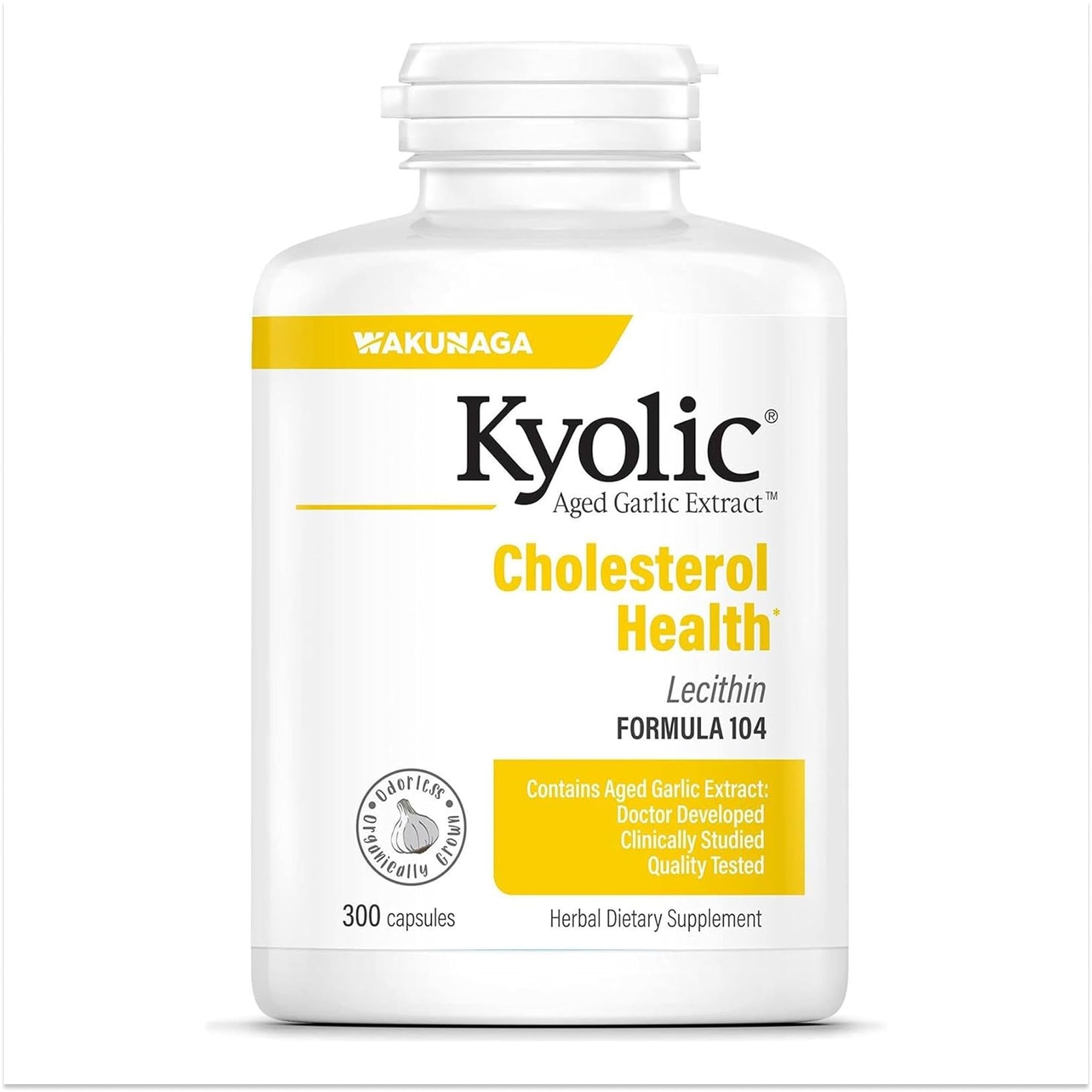 Kyolic Aged Garlic Extract Cholesterol Health* Formula 104, 100 Capsules | Odorless Organically Grown Aged Garlic Extract and Lecithin to Support Healthy Cholesterol and Heart Health, GMO-Free