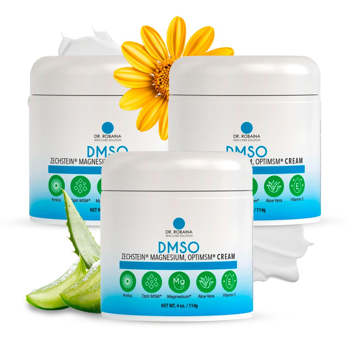 Dr. Robaina DMSO Cream - 99.9% Pure DMSO Pharmaceutical Grade | Formula with Zechstein Magnesium, Arnica, Aloe Vera, Vitamin E - 4 oz