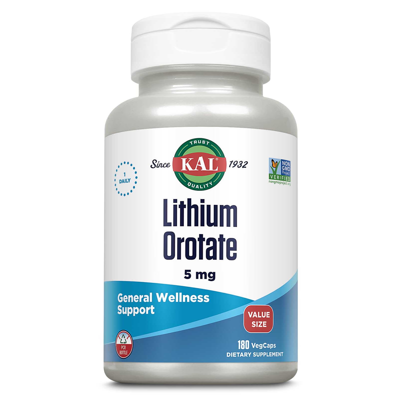 KAL Lithium Orotate 5 mg, 120 VegCaps | Mood & General Wellness Support, Highly Bioavailable Low Dose Lithium Supplement, 120 Servings, Vegan & Lab Verified