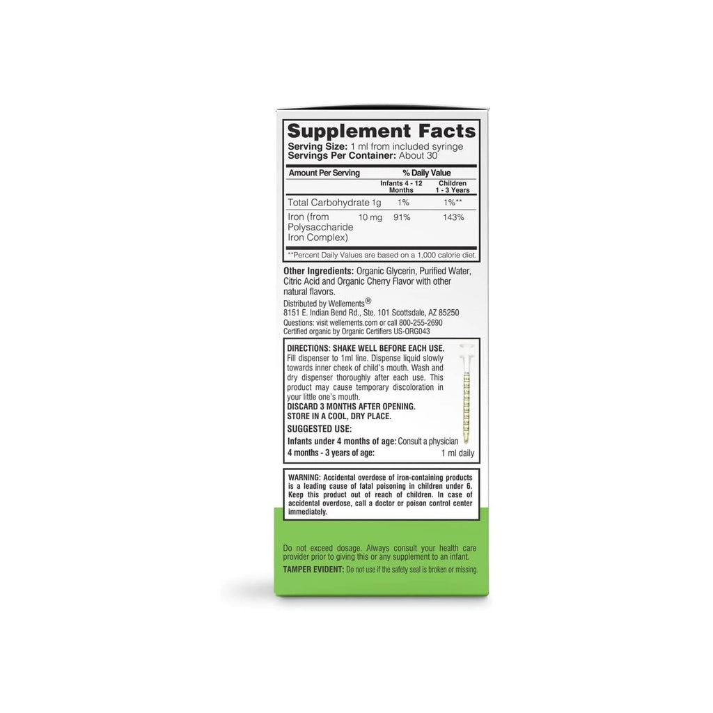 Wellements Organic Liquid Iron Drops for Infants & Toddlers Cherry 1 Fl Oz