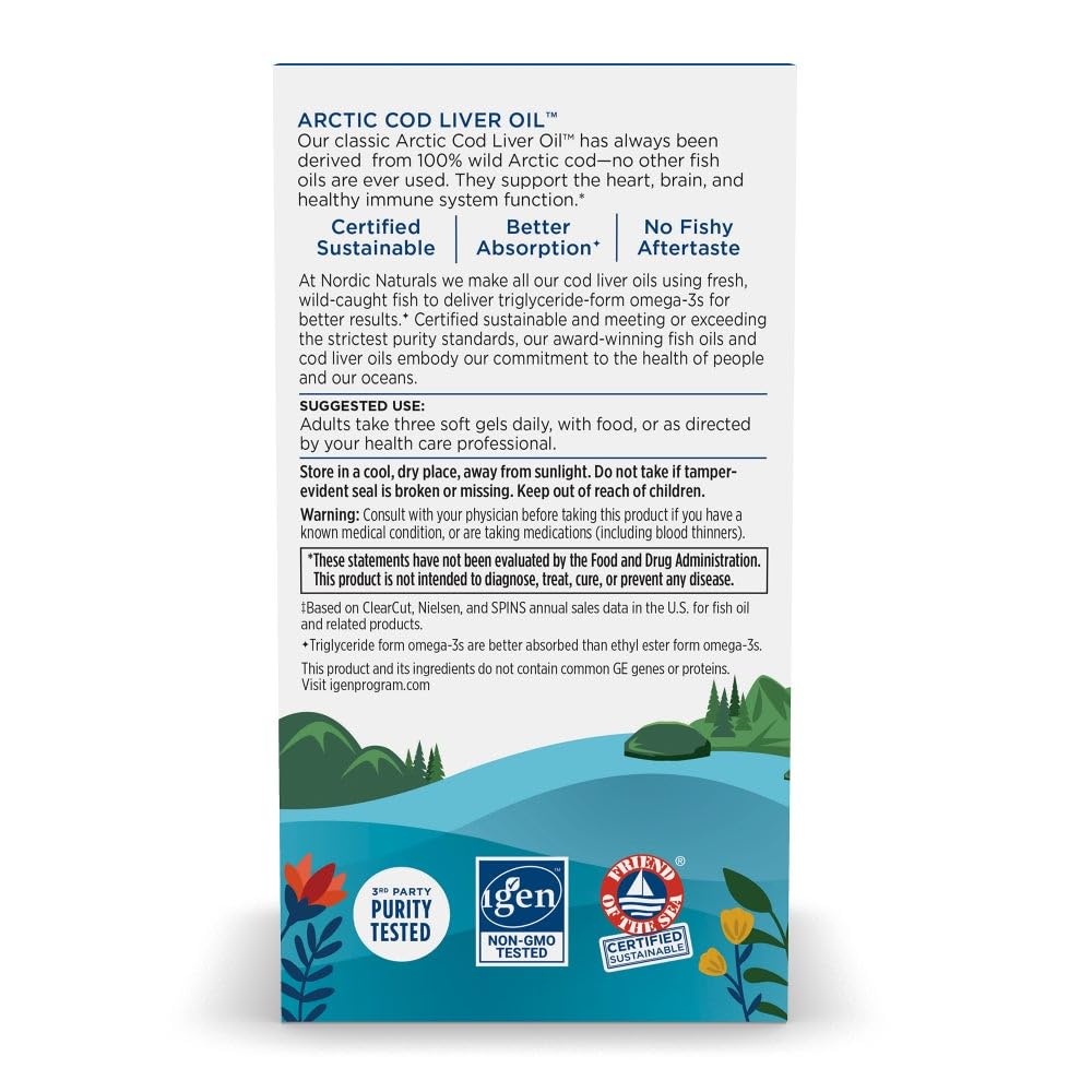 Nordic Naturals Arctic Cod Liver Oil with EPA & DHA, Lemon - 90 Softgels | 750mg Total Omega-3s per serving. Heart & brain health, immunity support. Overall Wellness. Non-GMO. 30 servings. 2 per day.