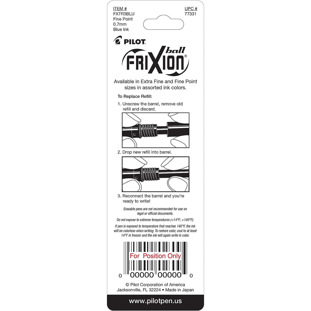 Pilot, FriXion Ball Gel Ink Refills for Erasable Pens, Fine Point 0.7 mm, Pack of 3, Blue