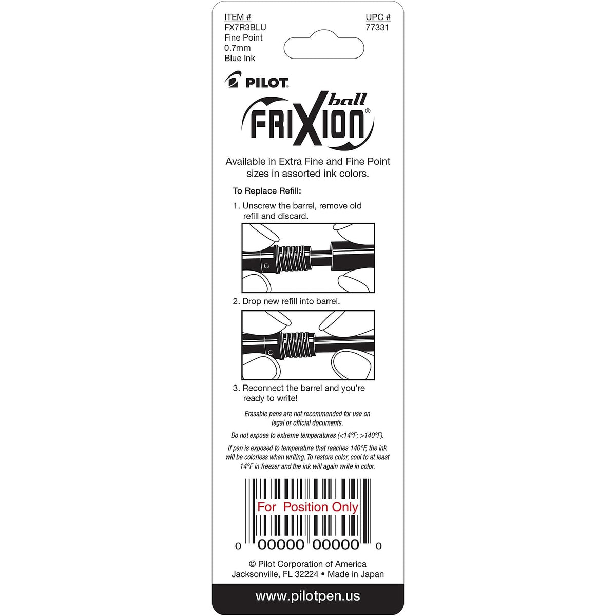 Pilot, FriXion Ball Gel Ink Refills for Erasable Pens, Fine Point 0.7 mm, Pack of 3, Blue