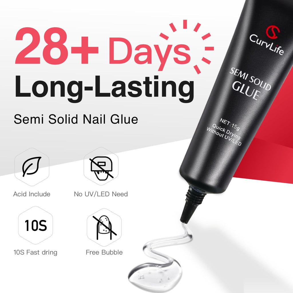 CurvLife Semi Solid Nail Glue, 15g Strong Nail Glue for Press On Nails | No UV Lamp Needed, Air-Dry Nail Glue Gel Has Gap-Filling Texture for Nail Tips and Press-Ons with Quick, Long-Lasting Hold