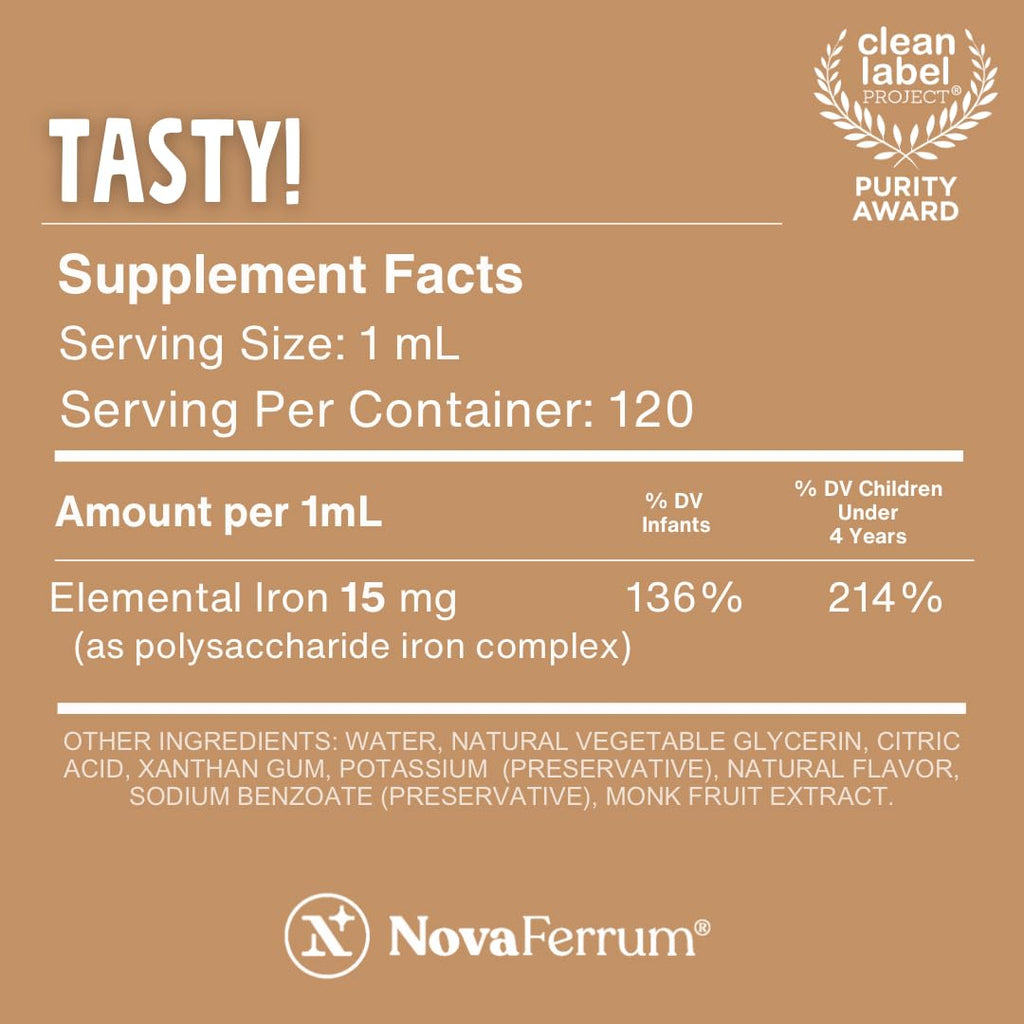 NovaFerrum Tasty Liquid Iron Supplement for Infants, Toddlers and Kids | Chocolate flavored pediatric drops,15mg per 1mL dose, gluten free and sugar-free, 120 servings for ages 4 and under