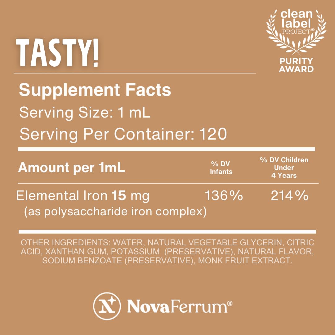 NovaFerrum Tasty Liquid Iron Supplement for Infants, Toddlers and Kids | Chocolate flavored pediatric drops,15mg per 1mL dose, gluten free and sugar-free, 120 servings for ages 4 and under