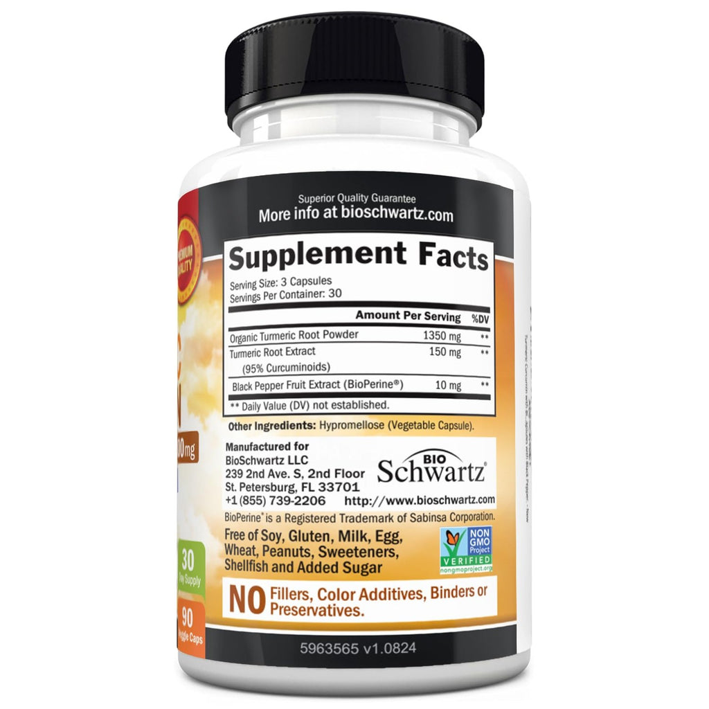 Turmeric Curcumin with Black Pepper Extract 1500mg - Turmeric Supplement | High Absorption Ultra Potent Tumeric Capsules with 95% Curcuminoids and BioPerine for Joint Support - Non-GMO, 90 Capsules