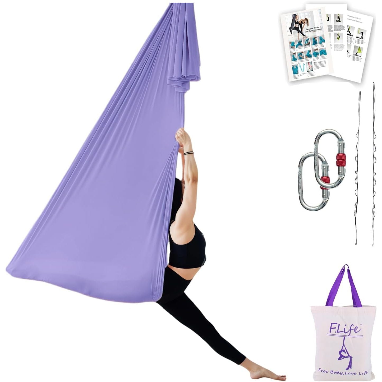 Buy now F.Life Aerial Silk Yoga Hammock & Swing for yoga Inversion,Strength training,starter hardware kit lavendar at indiglob india