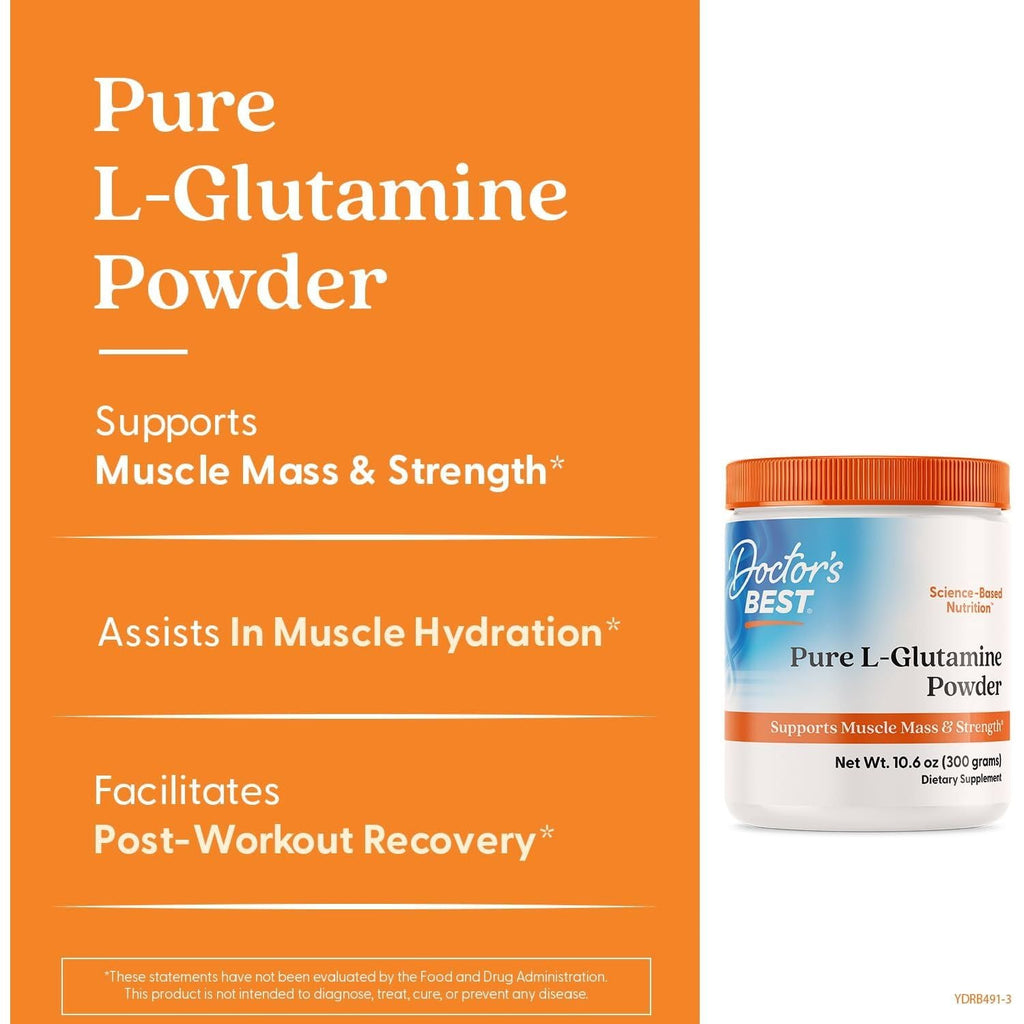 Buy now Doctors Best Pure L-Glutamine Powder, Supports Muscle Mass & Strength, Non-GMO, Gluten Free, Soy Free, Vegan Net Wt. 10.6 oz (300 Grams) at indiglob india