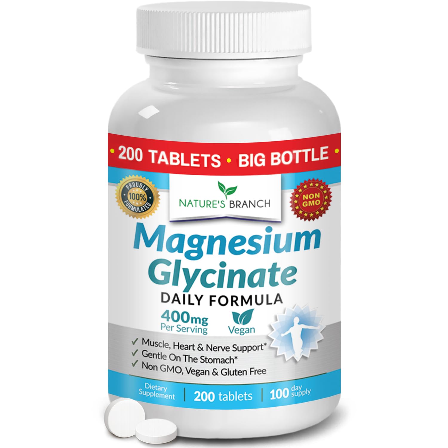 Magnesium Glycinate 400mg | 200 Tablets – High Absorption for Sleep & Heart | Mag Supplements for Cramps, Muscle & Calm – Non Buffered Bisglycinate, Extra Strength for Men and Women, Tablets Not Capsules