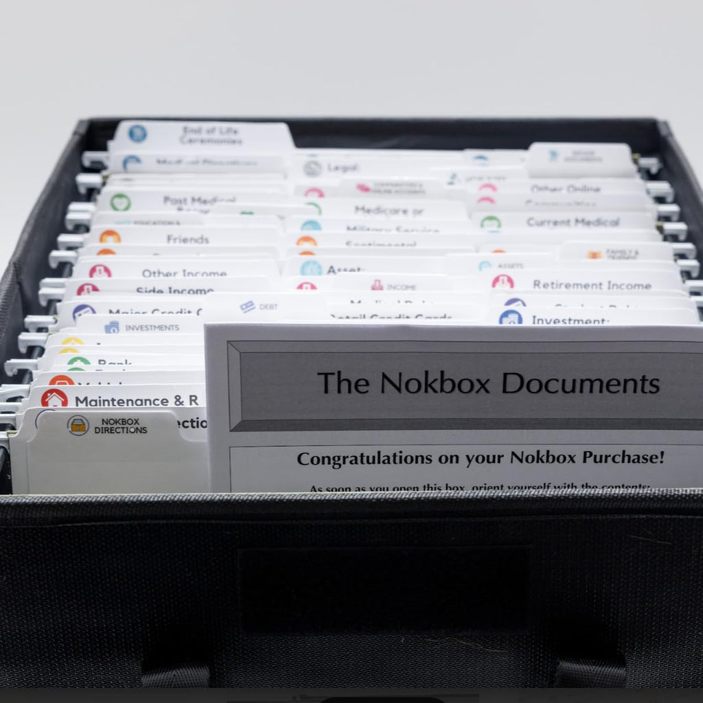 Nokbox Fireproof & Water-Resistant Document Organizer Box — 15 Color-Coded Hanging Folders, 67 Labeled Sub-Folders & Instructions for Estate Planning, Emergency Preparedness & Family Record-Keeping