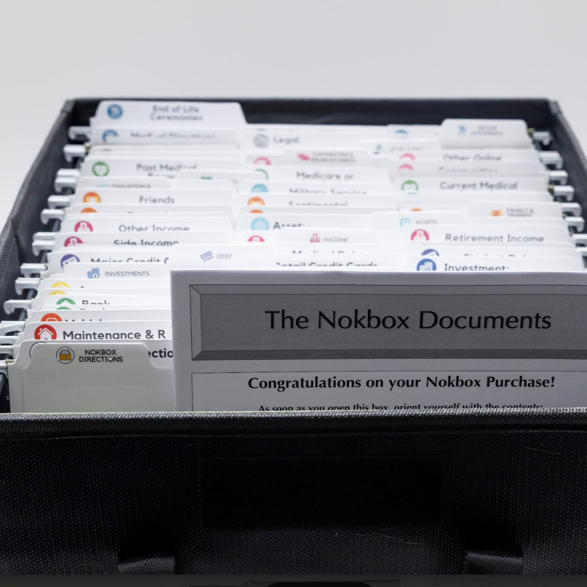Nokbox Fireproof & Water-Resistant Document Organizer Box — 15 Color-Coded Hanging Folders, 67 Labeled Sub-Folders & Instructions for Estate Planning, Emergency Preparedness & Family Record-Keeping