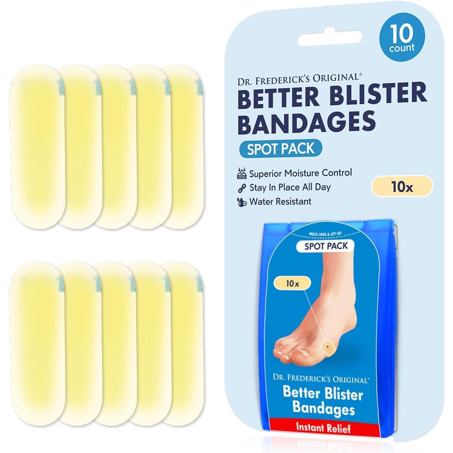 Buy now Dr. Frederick's Original Better Blister Bandages - 12ct - Water Resistant - 40% More Cushioning - Hydrocolloid Bandages for Foot, Toe, & Heel - Blister Pads for Prevention & Recovery - Variety Pack Spot Pack - 10 count at indiglob india