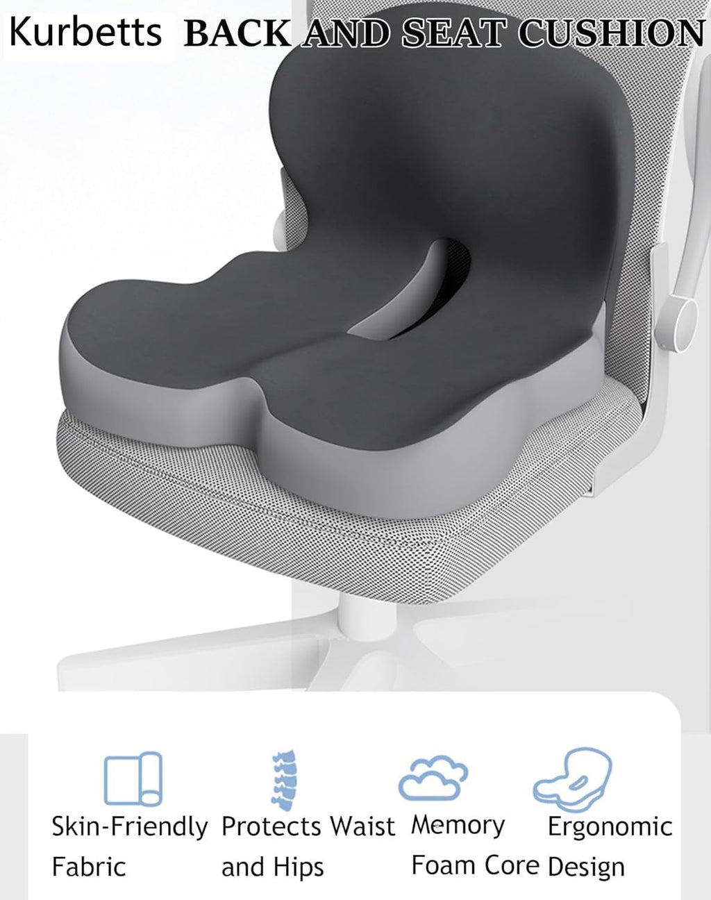Celinva Orthopedic Cushion,Ergonomic Memory Foam L-Shaped Integrated Seat Cushions with Adjustable Strap,Ultra Breathable Non-Slip Design for Office Chair,Car,Wheelchair (Black+Gray)