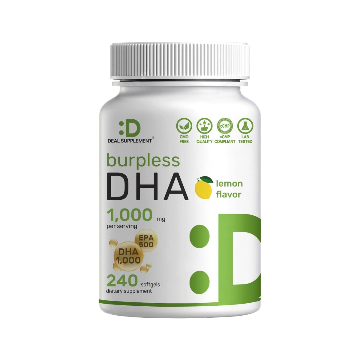 DHA Supplements | 240 Softgels, Burpless, Lemon Flavor, DHA 1000mg + EPA 500mg, Wild Caught Fish, Rich in Omega-3s, Mercury Free, Non-GMO, Support Brain Heart & Joint Health